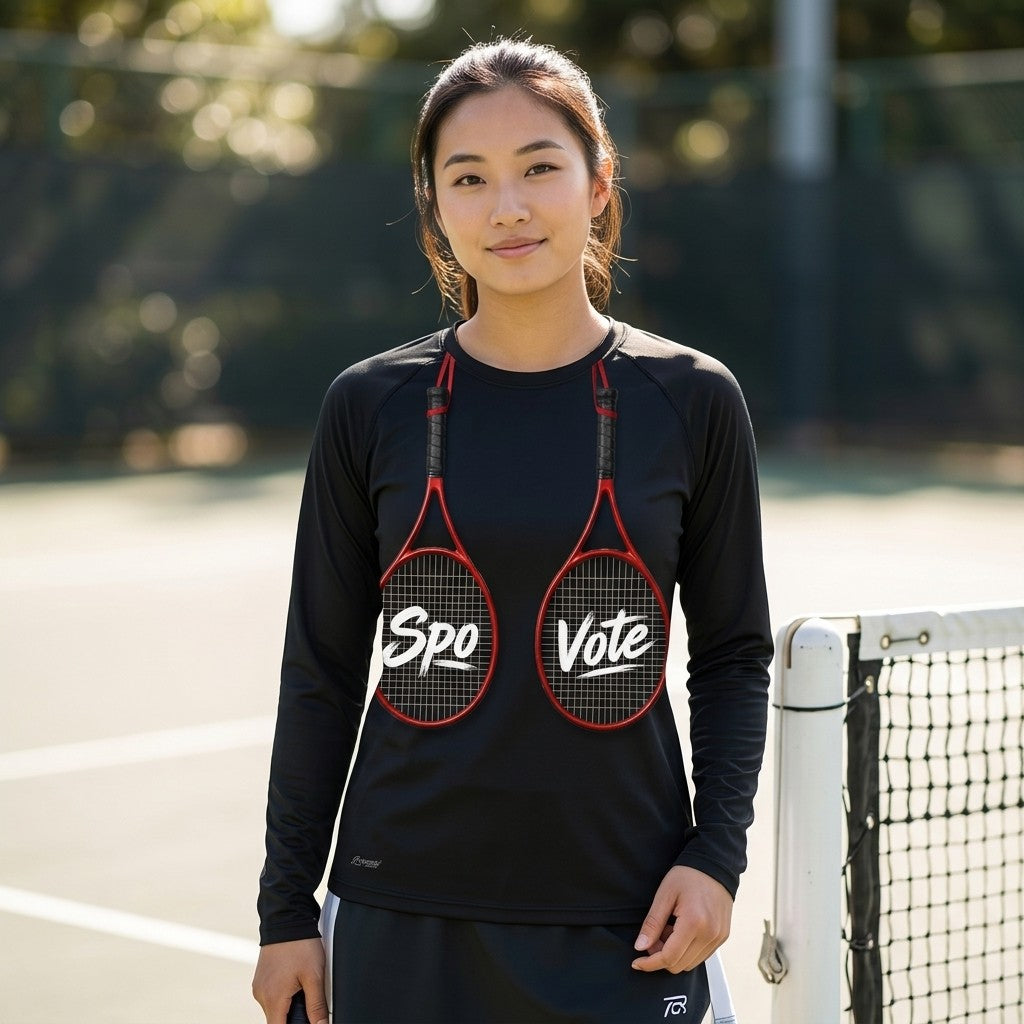 Model wearing SpoVote Rackets Up dry-fit long-sleeve