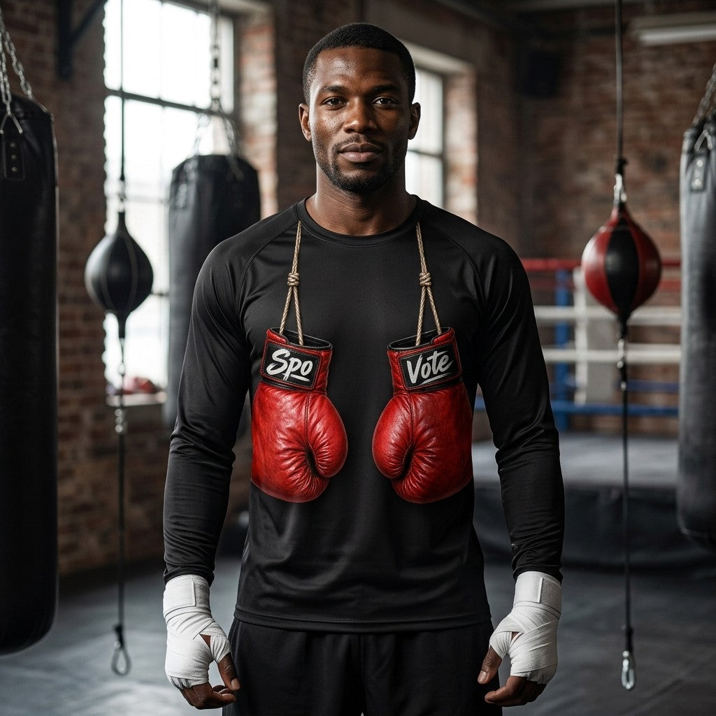 Model wearing SpoVote Gloves Up dry-fit long-sleeve
