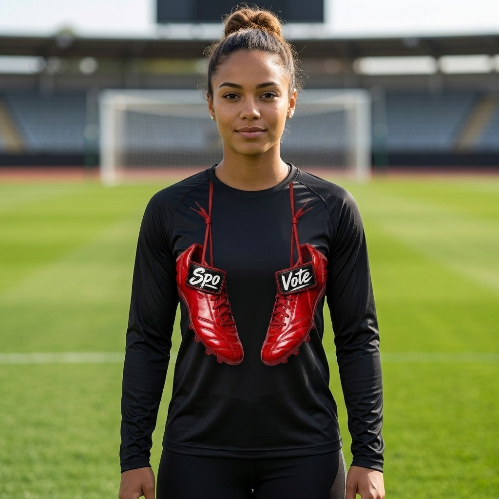 Model wearing SpoVote Cleats Up dry-fit long-sleeve