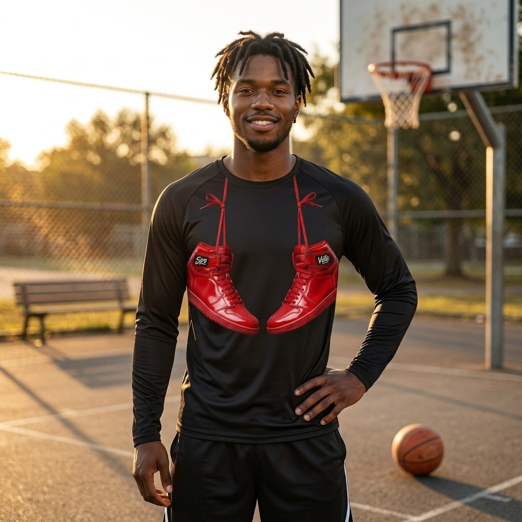 Model wearing SpoVote Kicks Up dry-fit long-sleeve