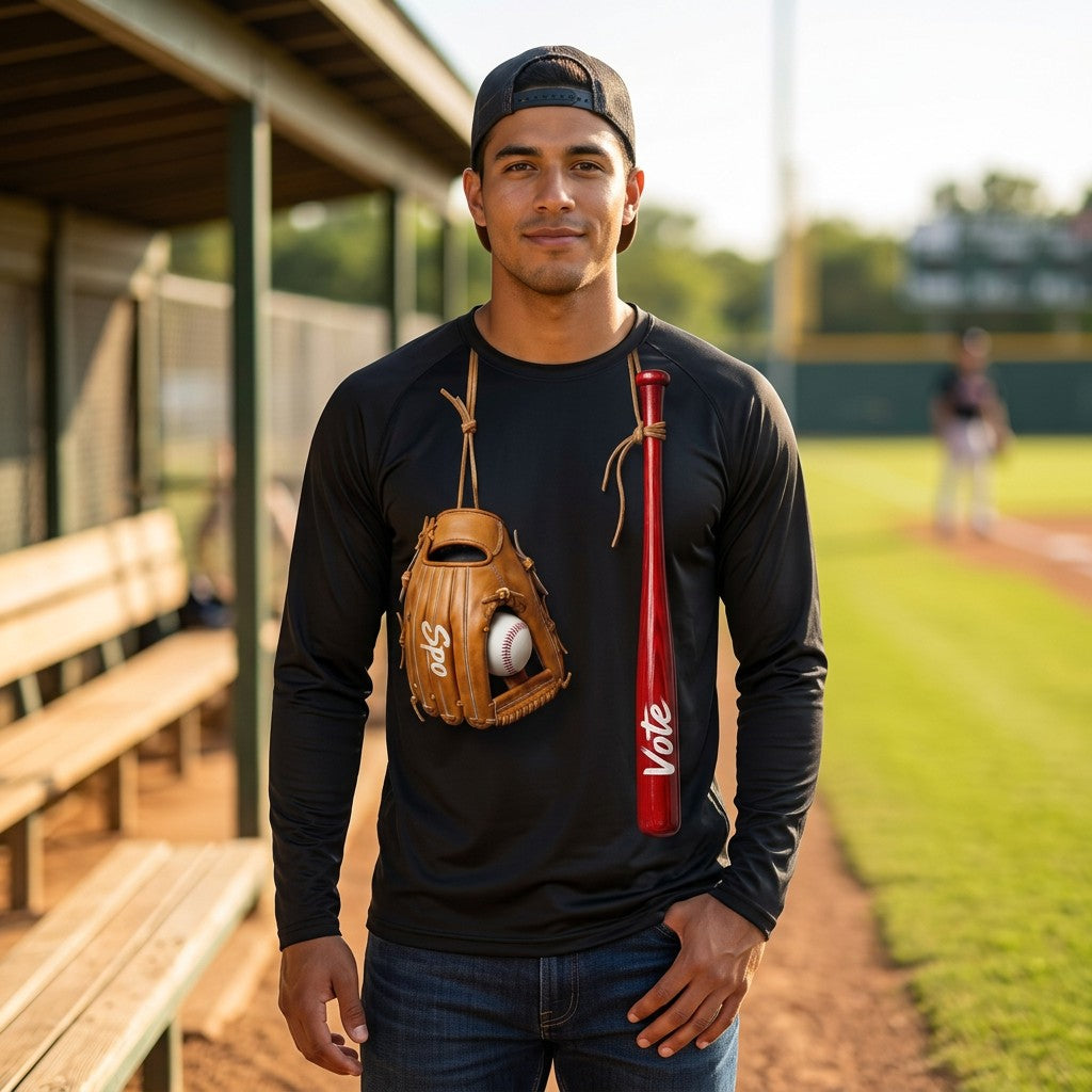 Model wearing SpoVote Laces Up dry-fit long-sleeve
