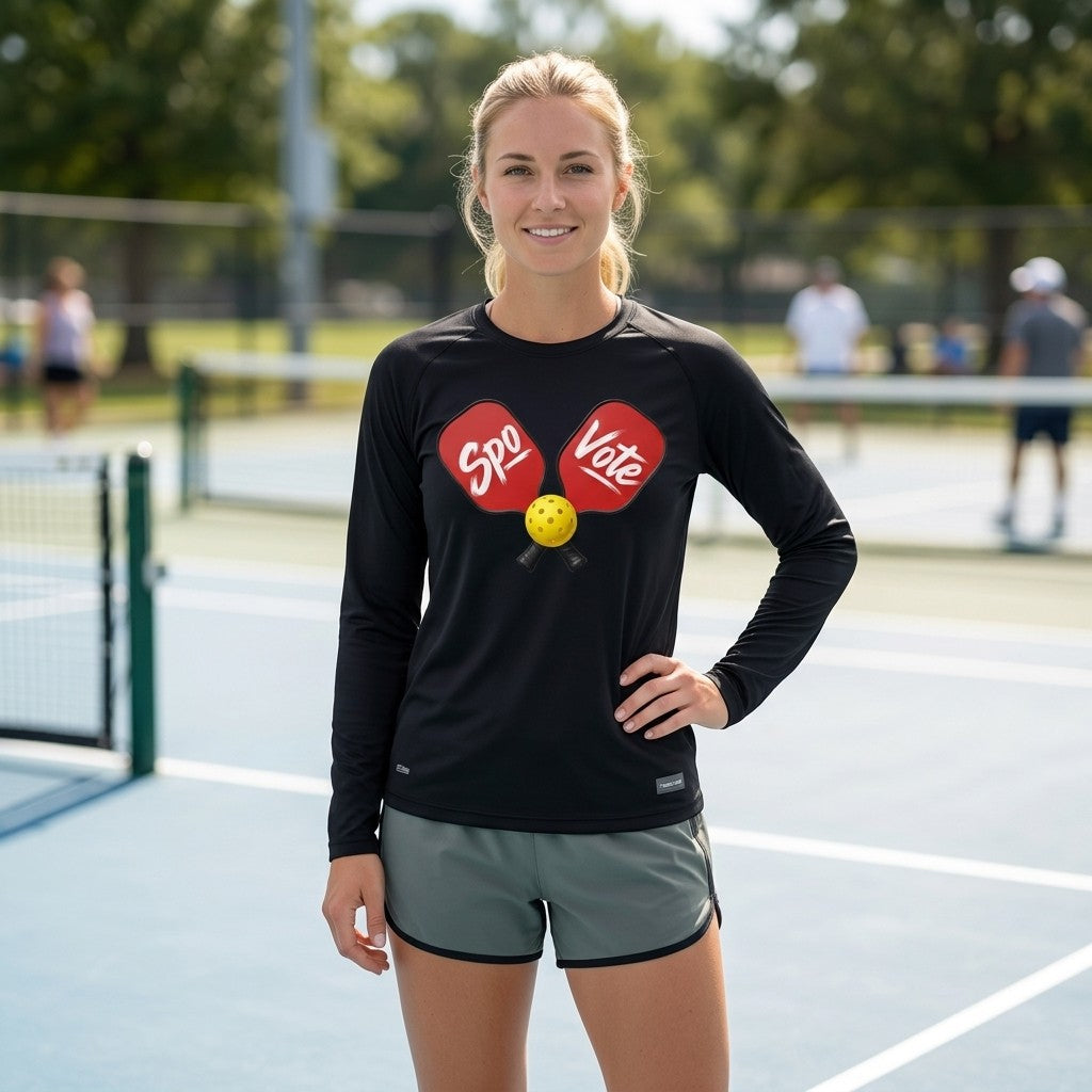 Model wearing SpoVote Paddles Up dry-fit long-sleeve