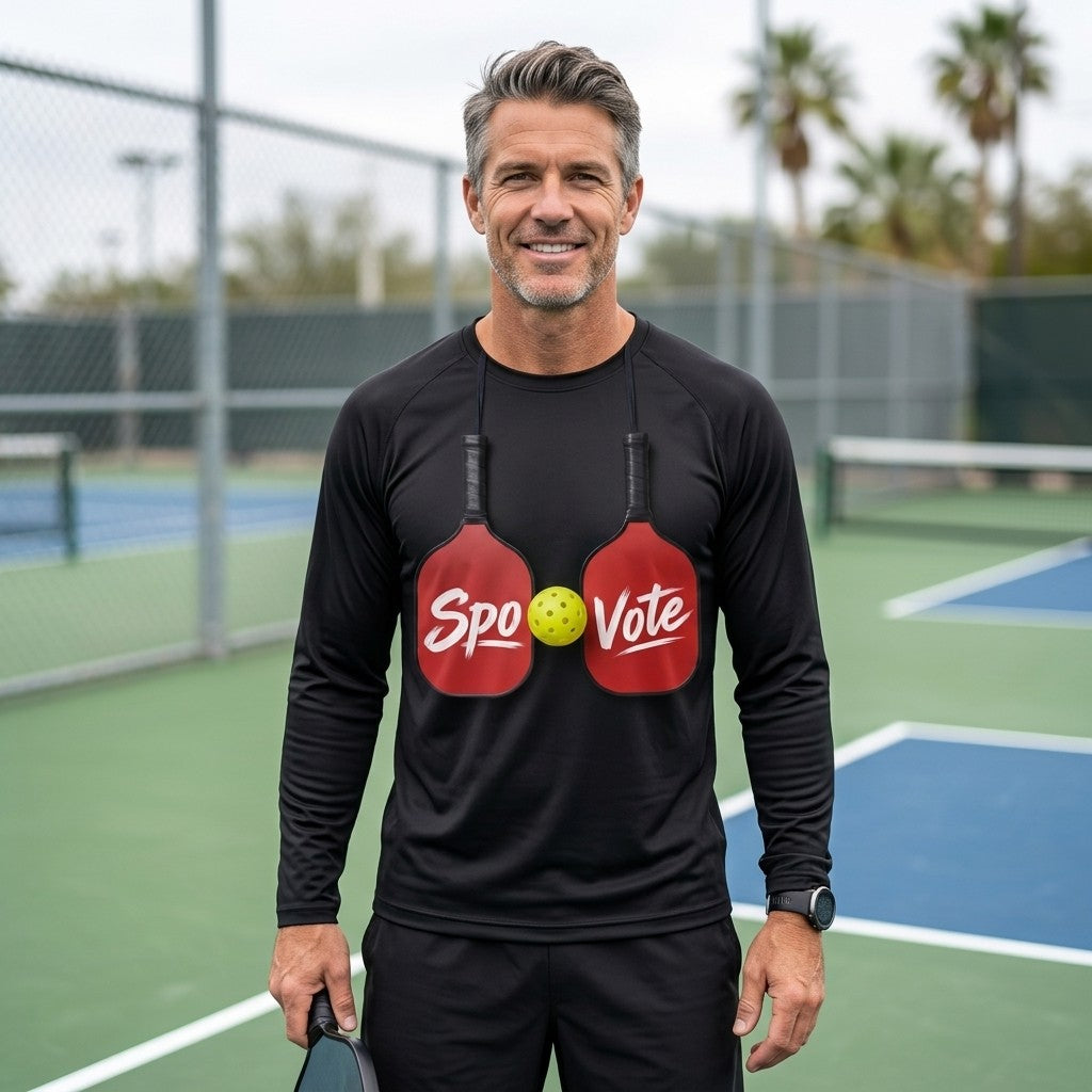Model wearing SpoVote Dinks Up dry-fit long-sleeve