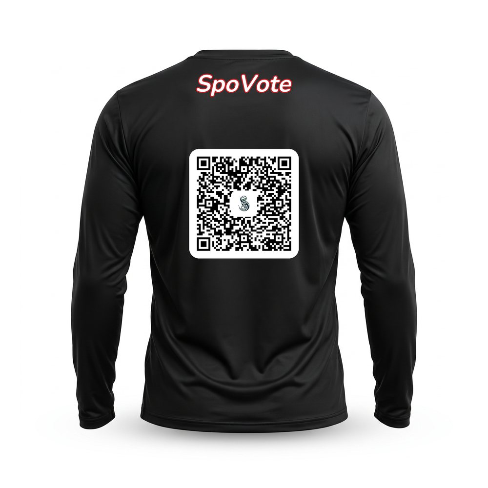 Back of the black SpoVote long-sleeve: SpoVote wordmark and a scannable QR code