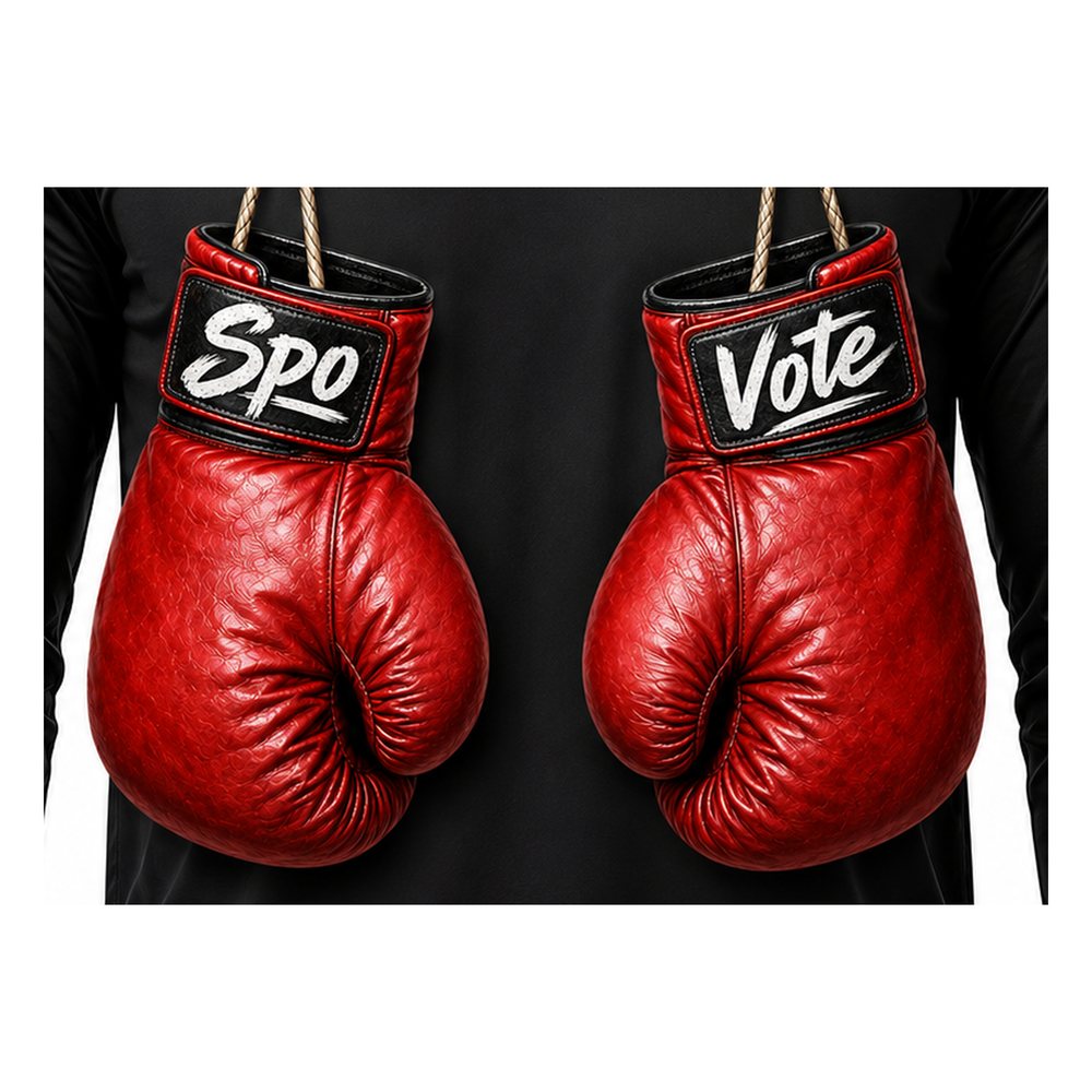 Close-up of the red boxing-gloves print with Spo and Vote patches