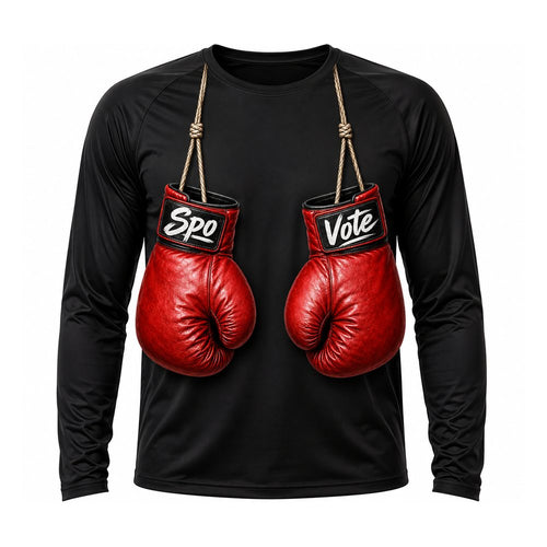 Black SpoVote dry-fit long-sleeve, front: two red boxing gloves labeled Spo and Vote