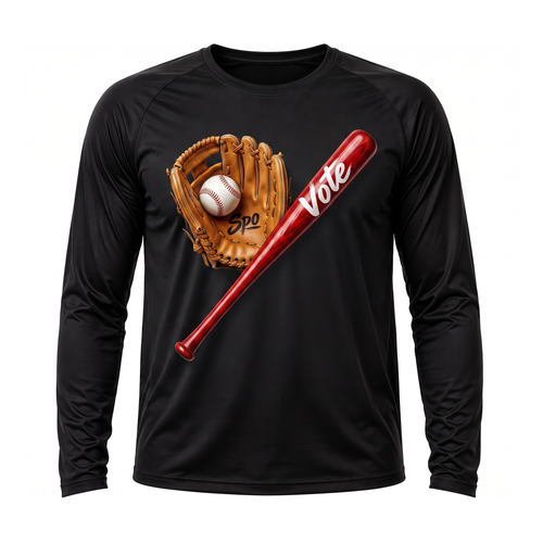 Black SpoVote Baseball dry-fit long-sleeve, front: a baseball glove crossed with a bat labeled Spo and Vote