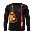 Black SpoVote Baseball dry-fit long-sleeve, front: a baseball glove and bat slung from leather laces labeled Spo and Vote