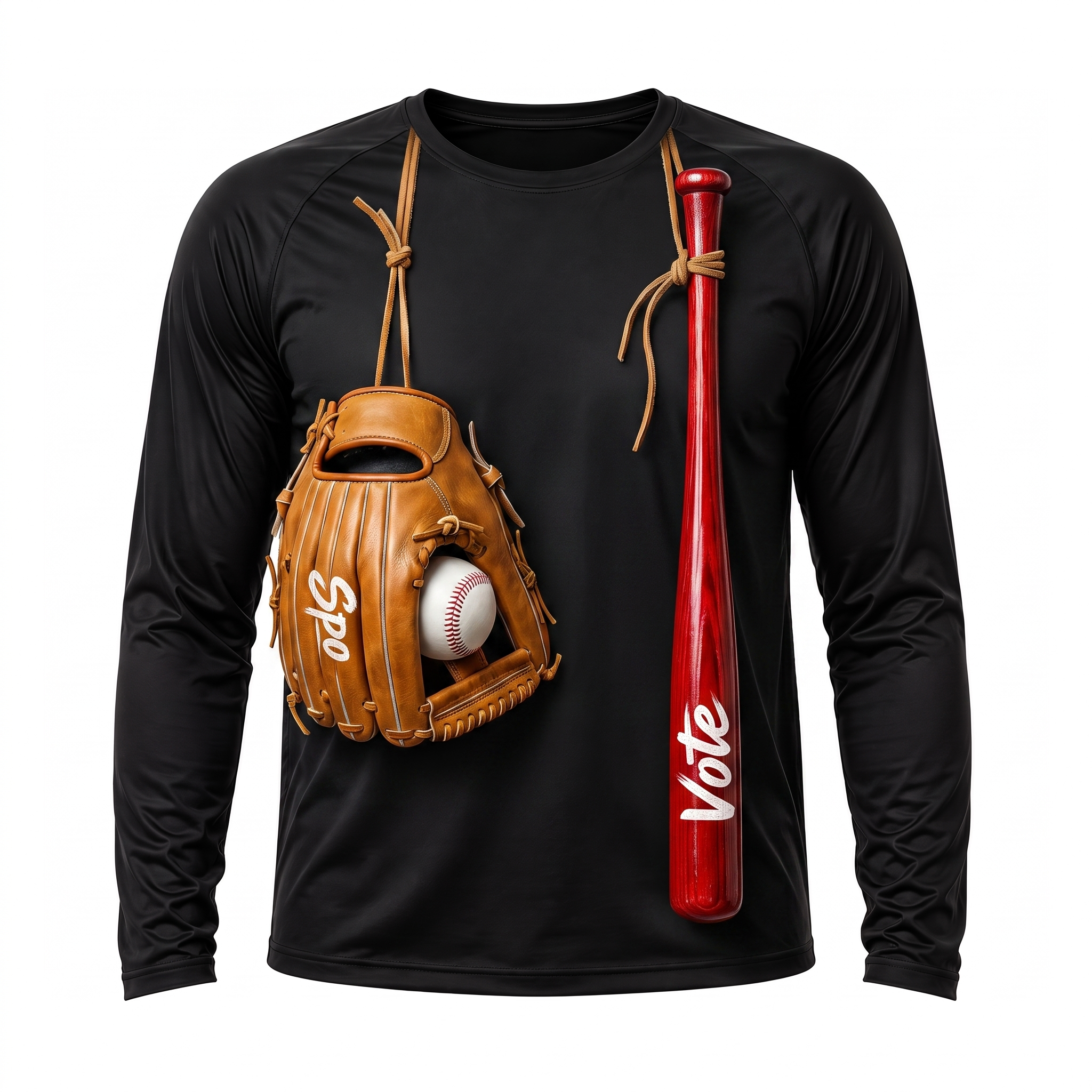 Black SpoVote Baseball dry-fit long-sleeve, front: a baseball glove and bat slung from leather laces labeled Spo and Vote