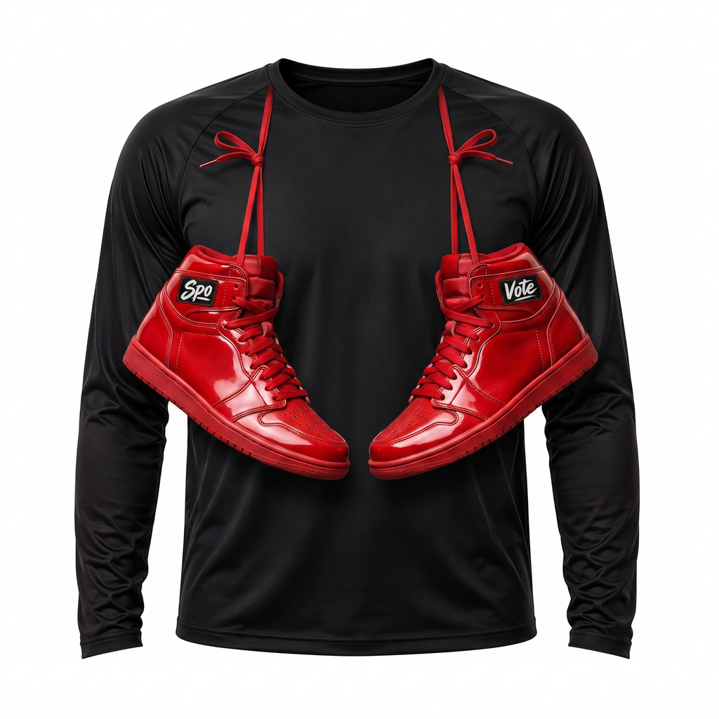 Black SpoVote Basketball dry-fit long-sleeve, front: two red high-top sneakers labeled Spo and Vote