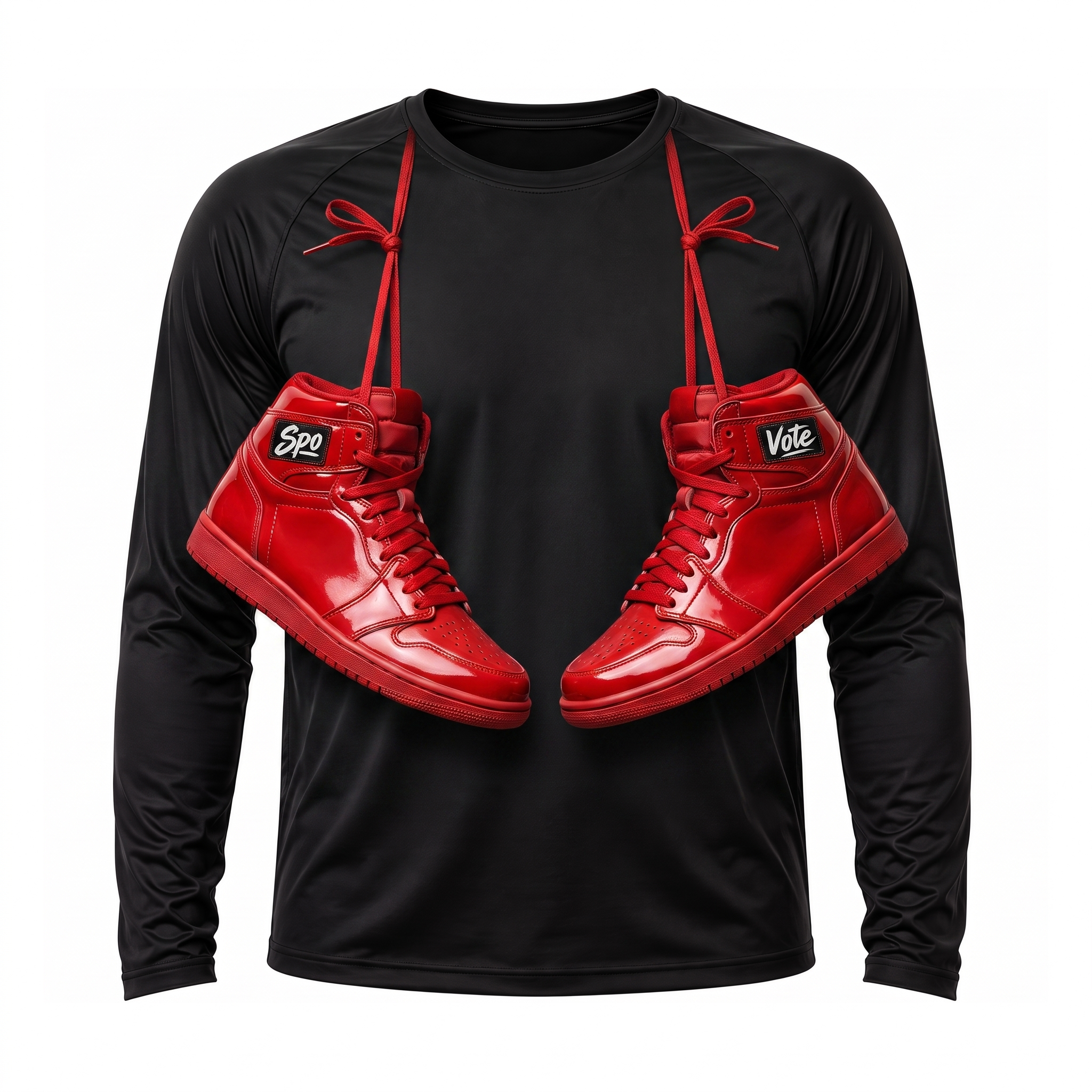 Black SpoVote Basketball dry-fit long-sleeve, front: two red high-top sneakers labeled Spo and Vote
