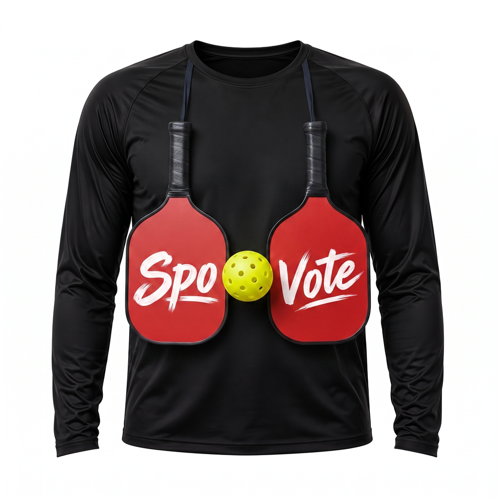 Black SpoVote Pickleball dry-fit long-sleeve, front: two red paddles crossed with a yellow ball labeled Spo and Vote