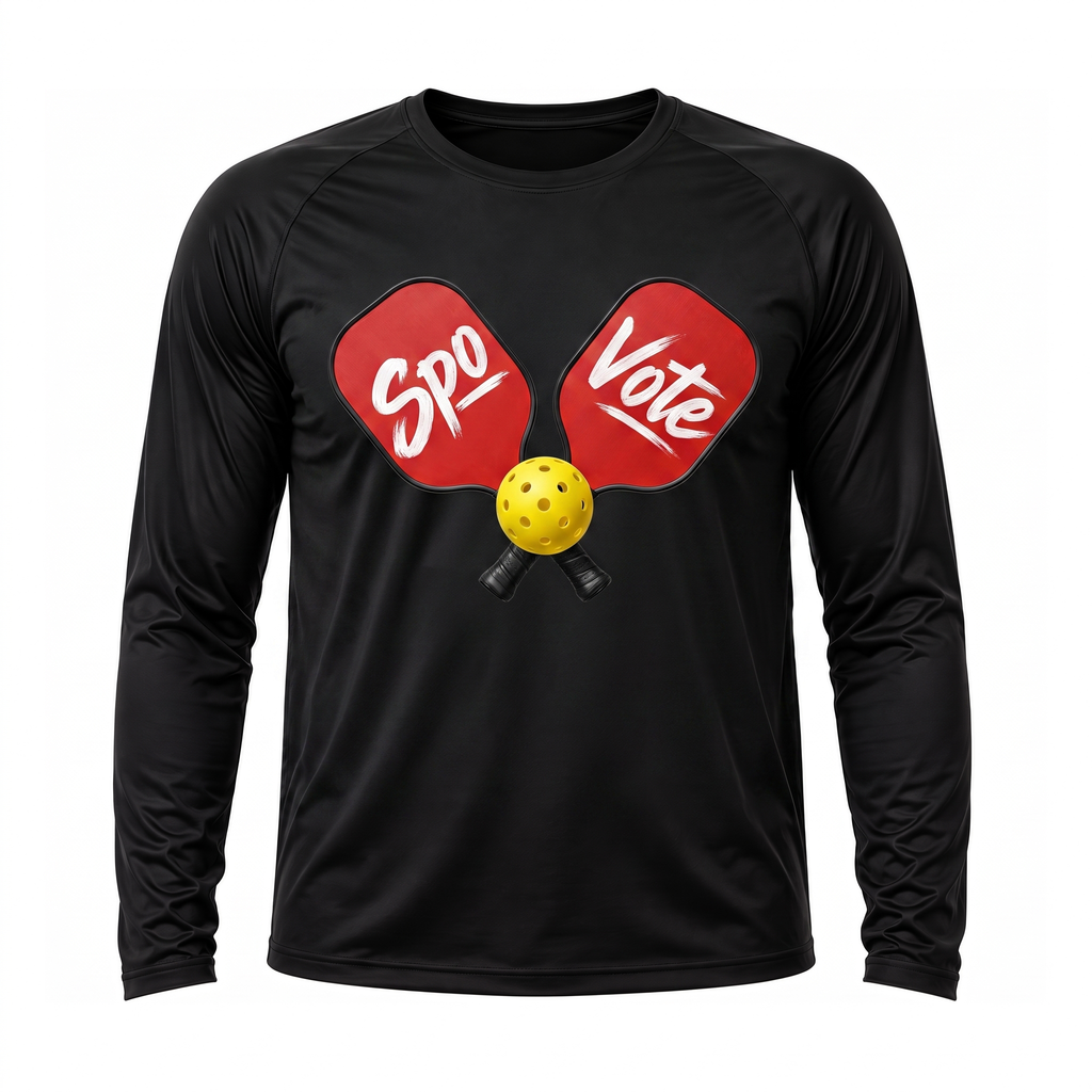 Black SpoVote Pickleball dry-fit long-sleeve, front: two red paddles with a yellow ball labeled Spo and Vote
