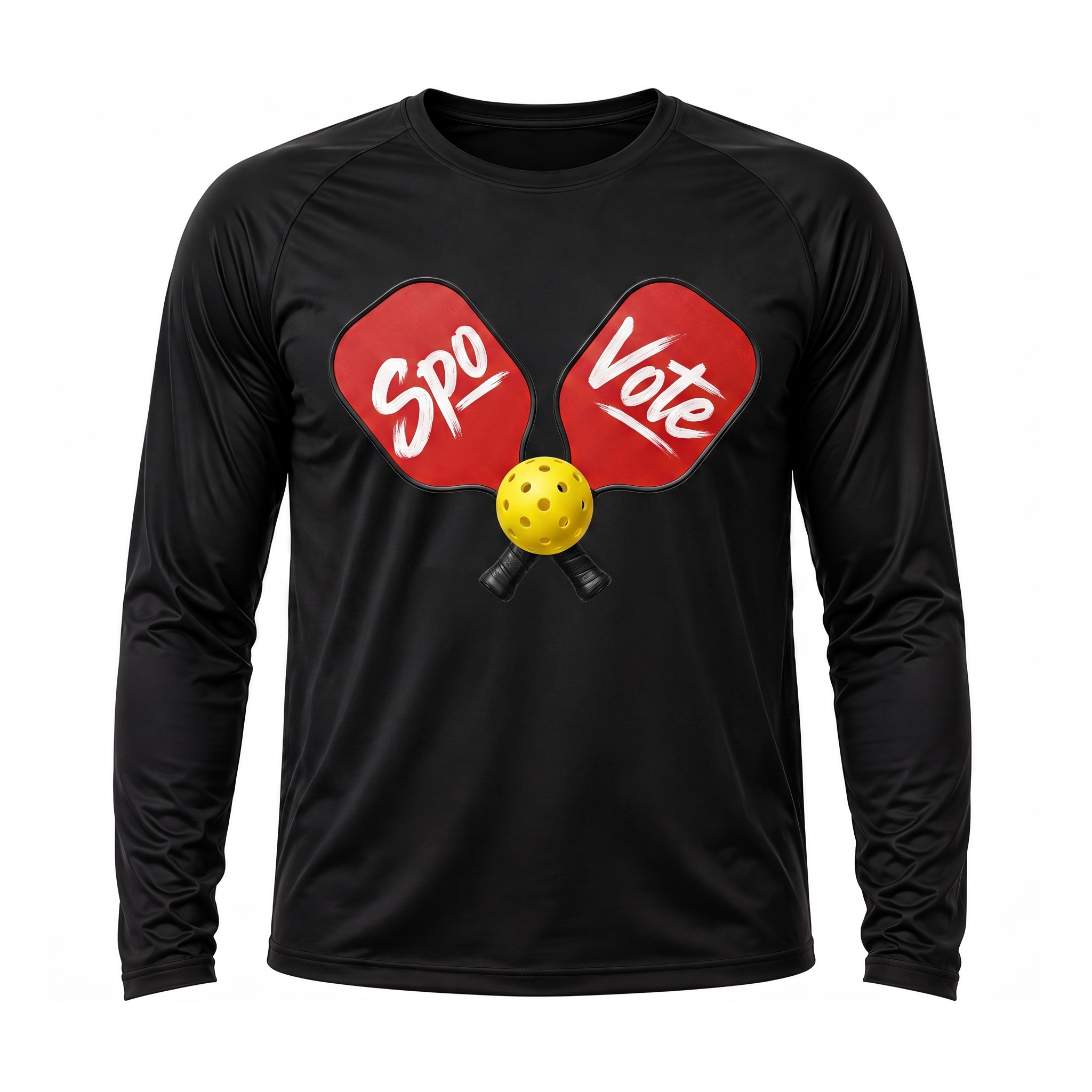 Black SpoVote Pickleball dry-fit long-sleeve, front: two red paddles with a yellow ball labeled Spo and Vote