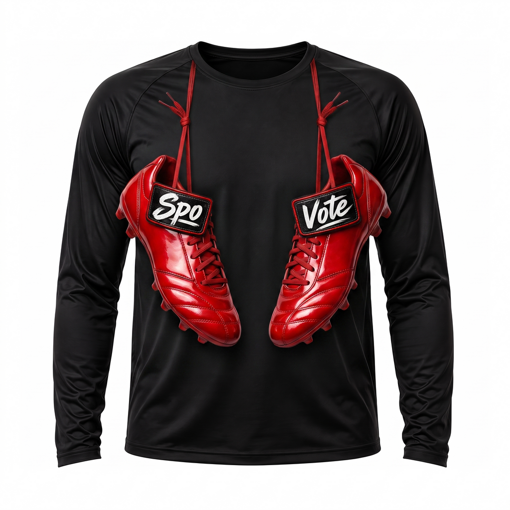 Black SpoVote Soccer dry-fit long-sleeve, front: two red soccer cleats labeled Spo and Vote