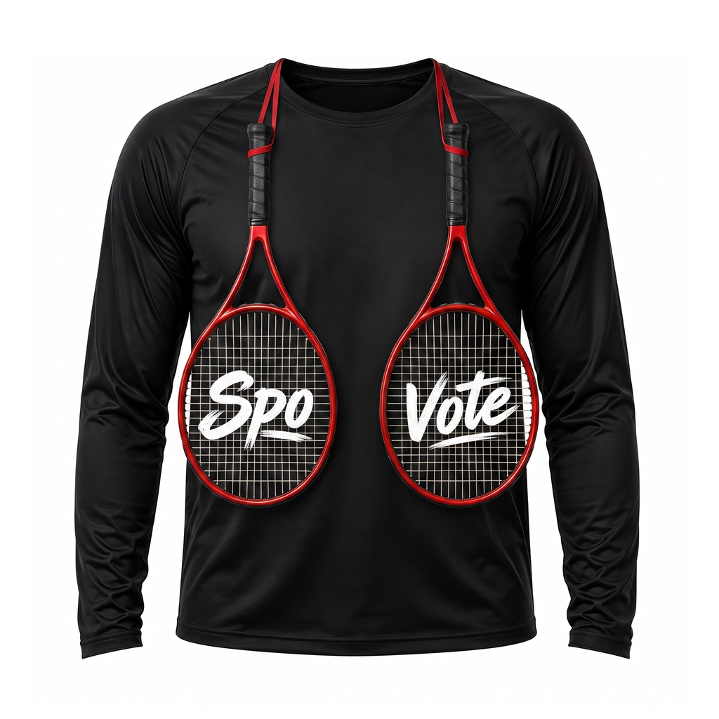 Black SpoVote Tennis dry-fit long-sleeve, front: two red tennis rackets with Spo / Vote across the string beds labeled Spo and Vote