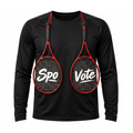 Black SpoVote Tennis dry-fit long-sleeve, front: two red tennis rackets with Spo / Vote across the string beds labeled Spo and Vote