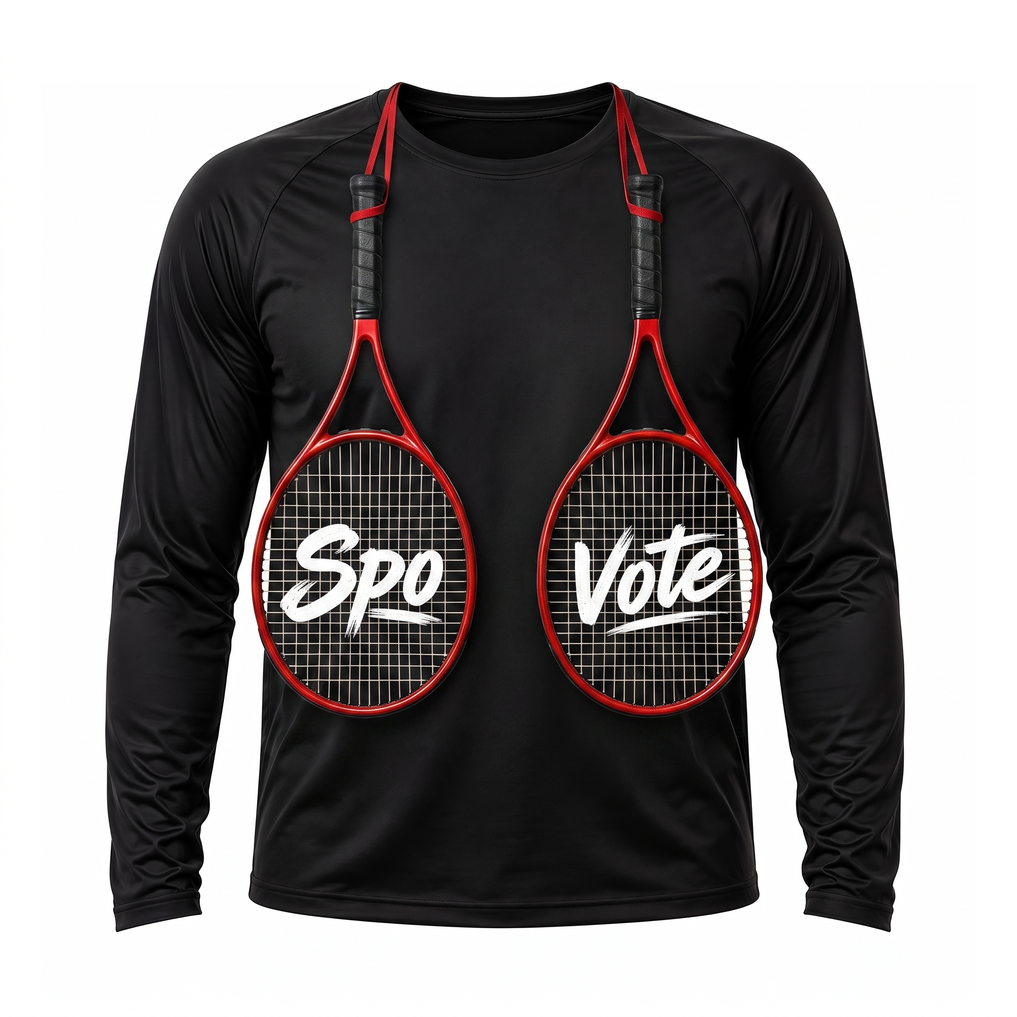 Black SpoVote Tennis dry-fit long-sleeve, front: two red tennis rackets with Spo / Vote across the string beds labeled Spo and Vote