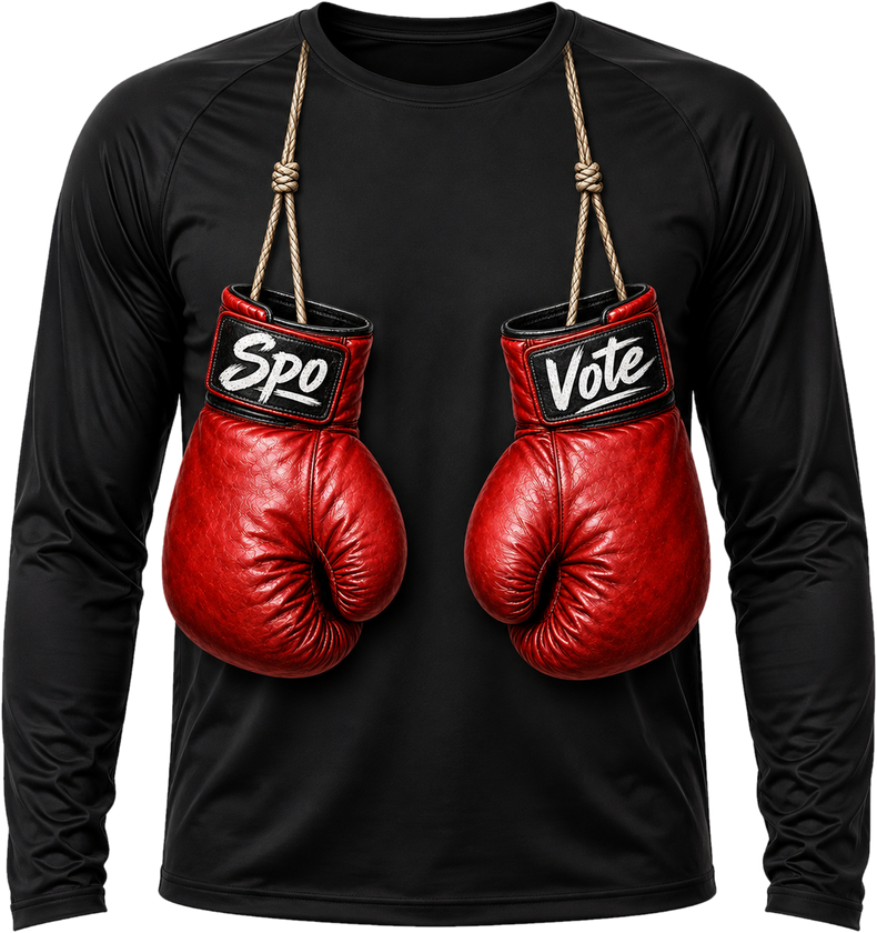 Black SpoVote dry-fit long-sleeve with red Spo and Vote boxing gloves